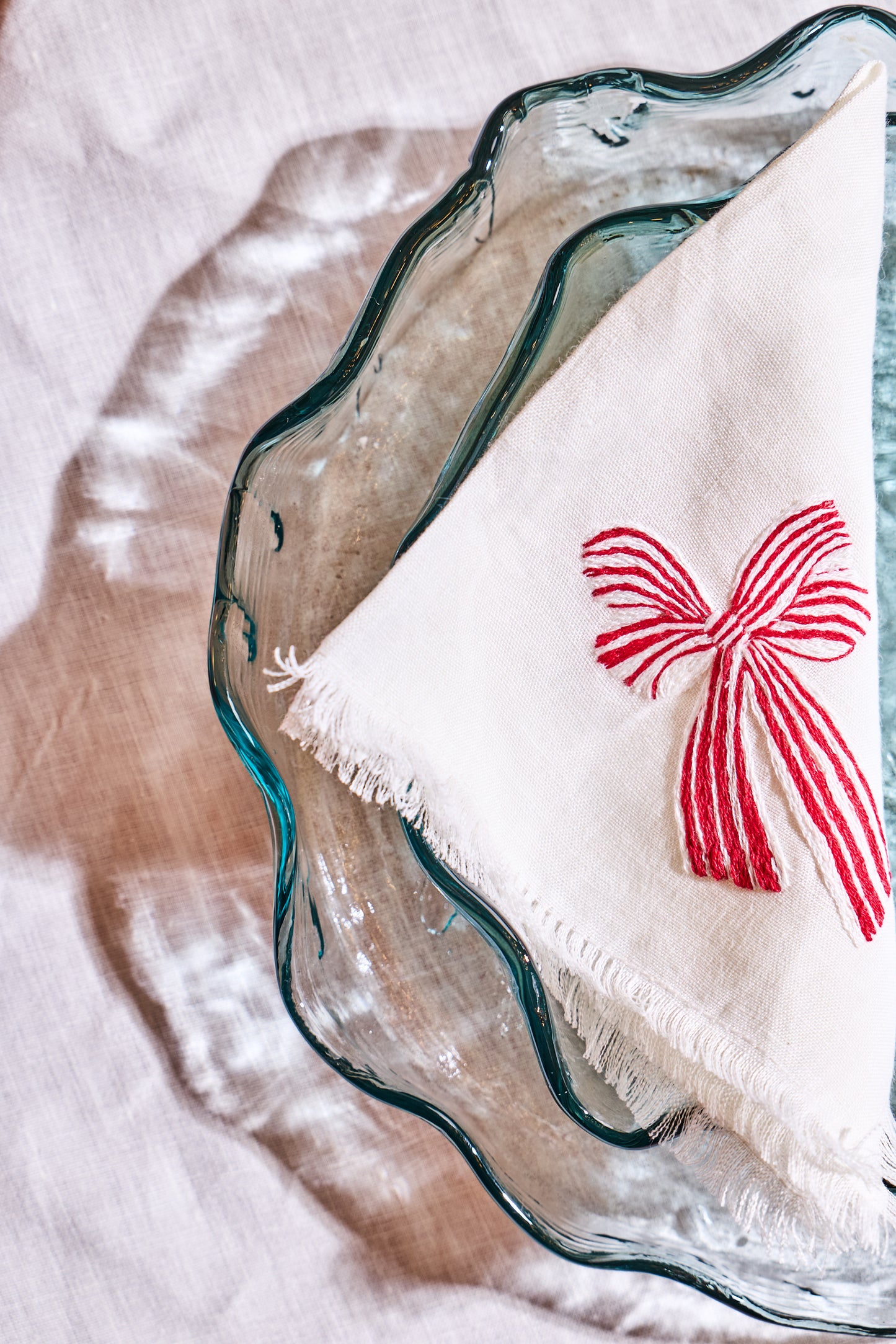 Set of two linen table napkins red ribbon