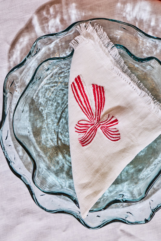 Set of two linen table napkins red ribbon