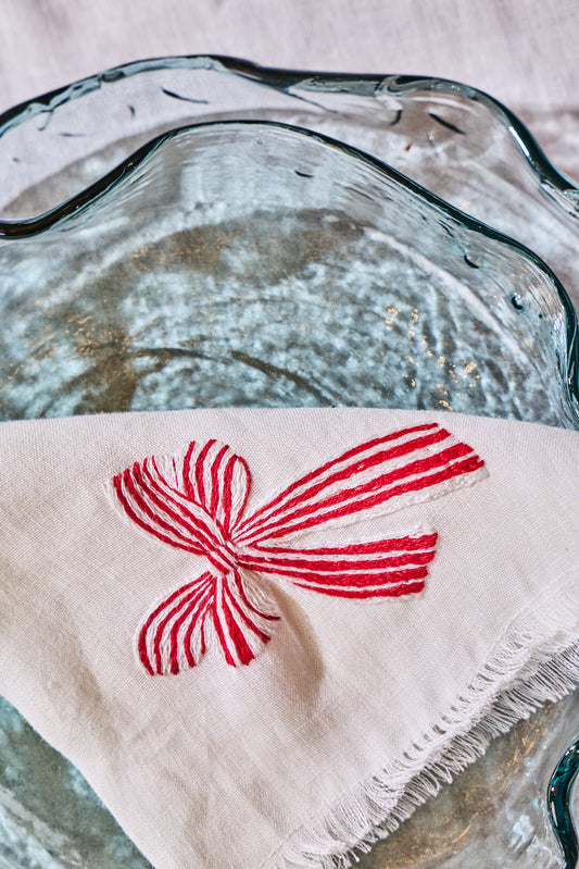 Set of two linen table napkins red ribbon