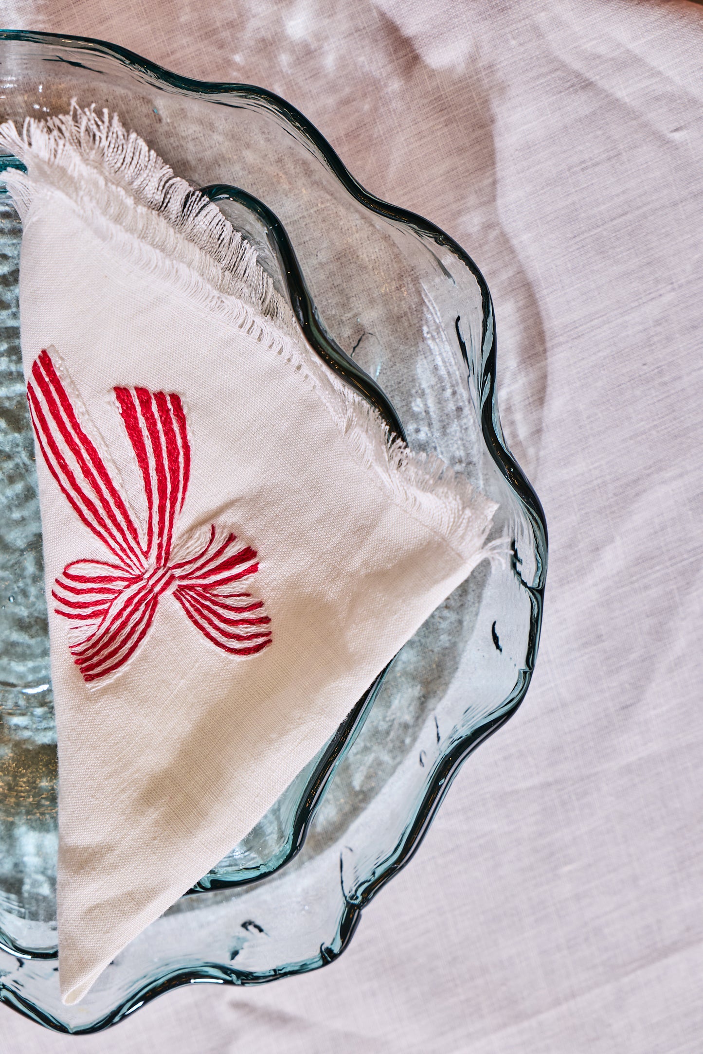 Set of two linen table napkins red ribbon