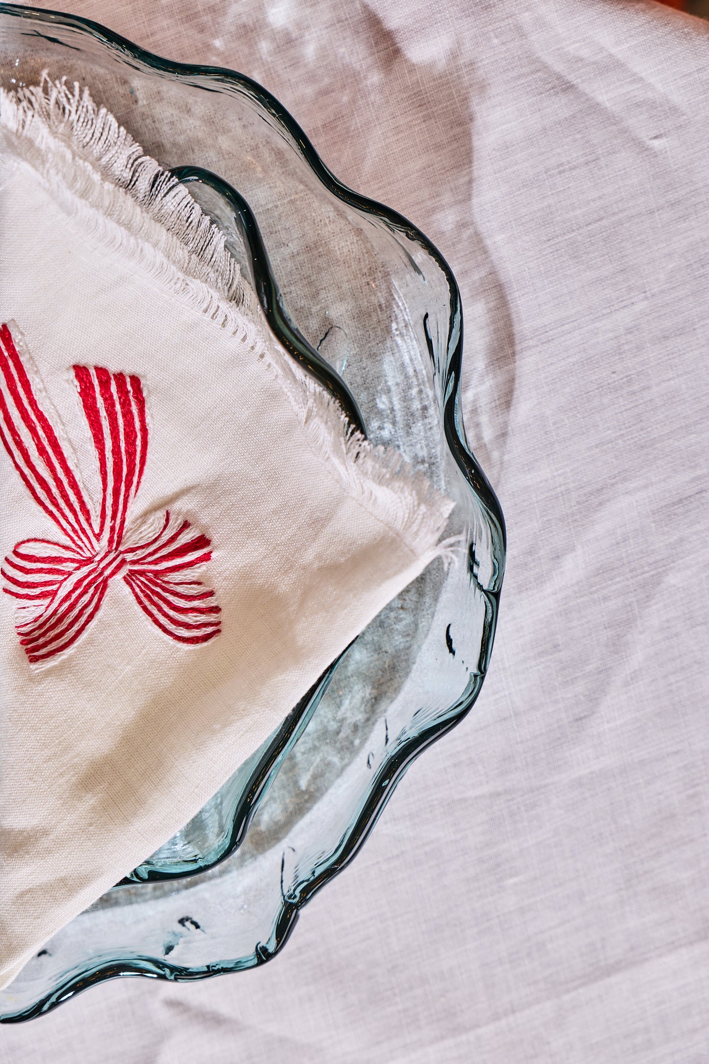 Set of two linen table napkins red ribbon