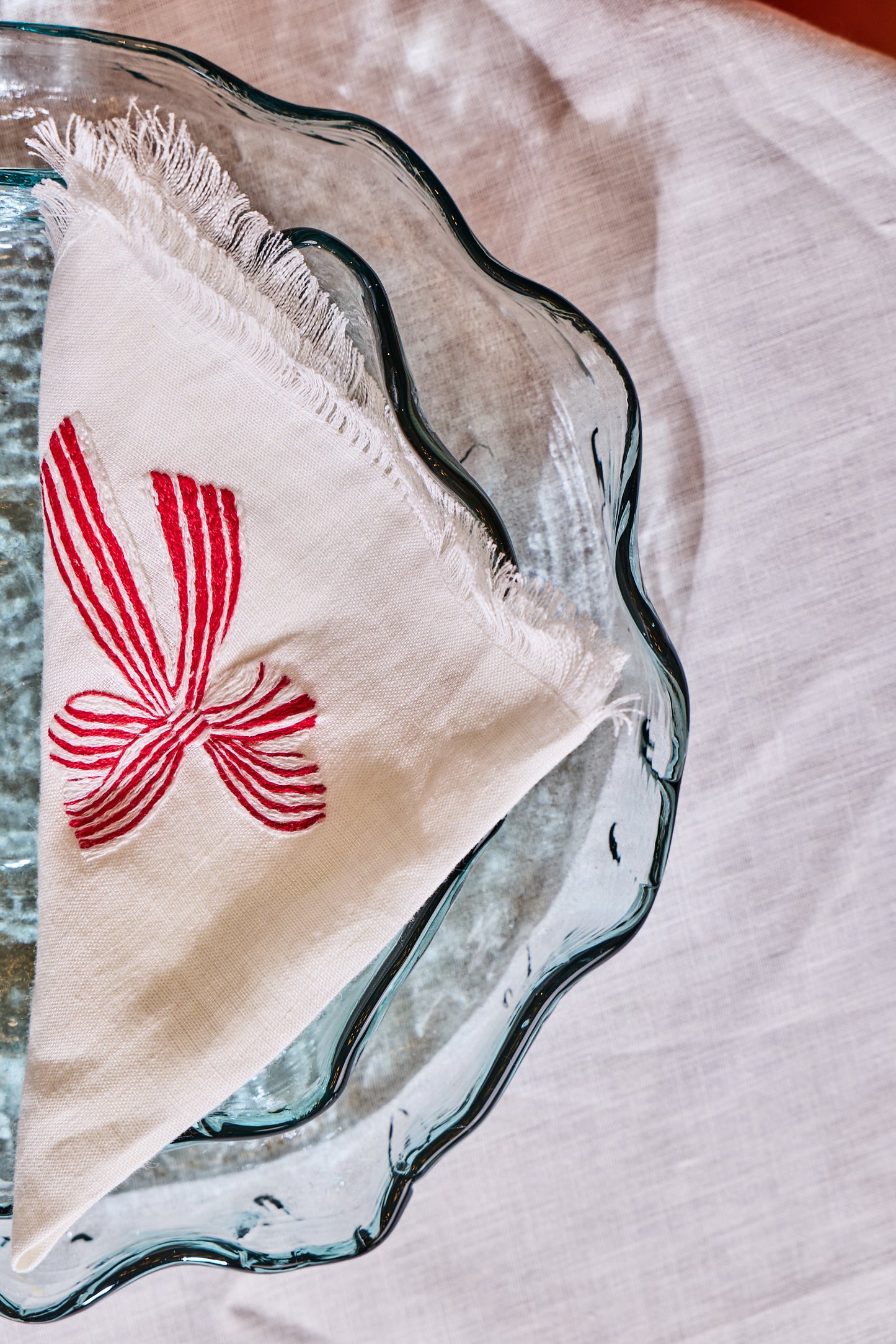 Set of two linen table napkins red ribbon