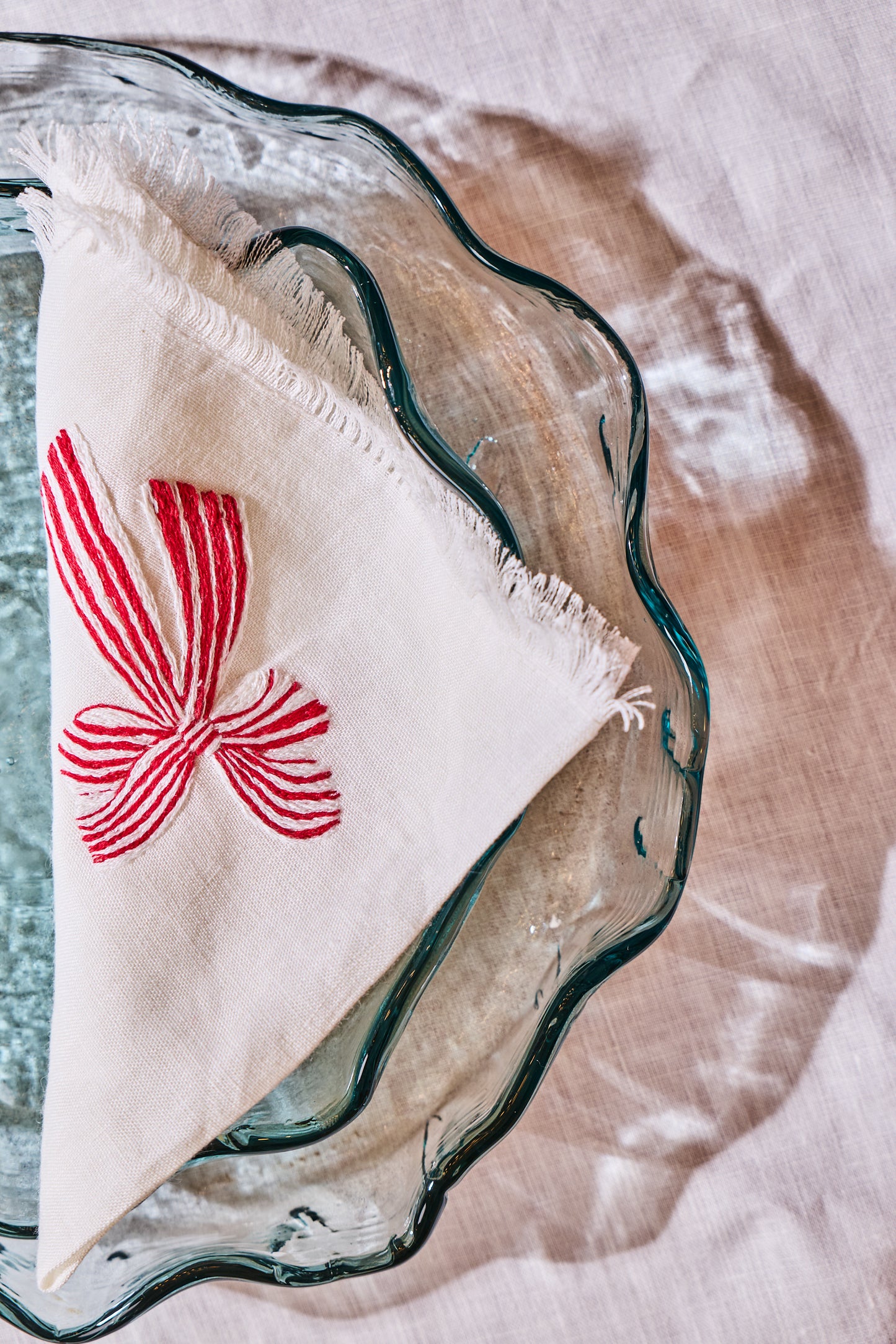 Set of two linen table napkins red ribbon