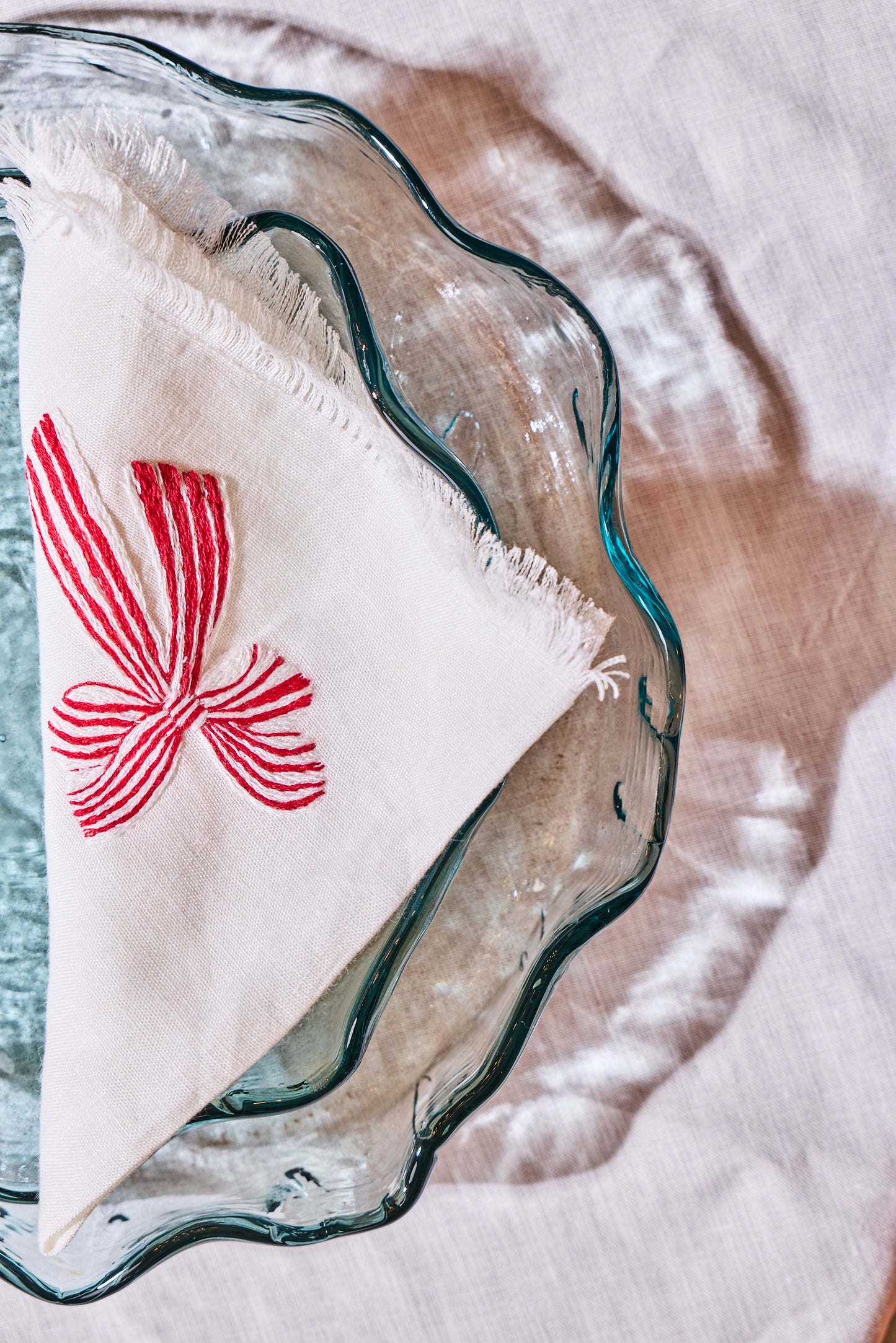 Set of two linen table napkins red ribbon