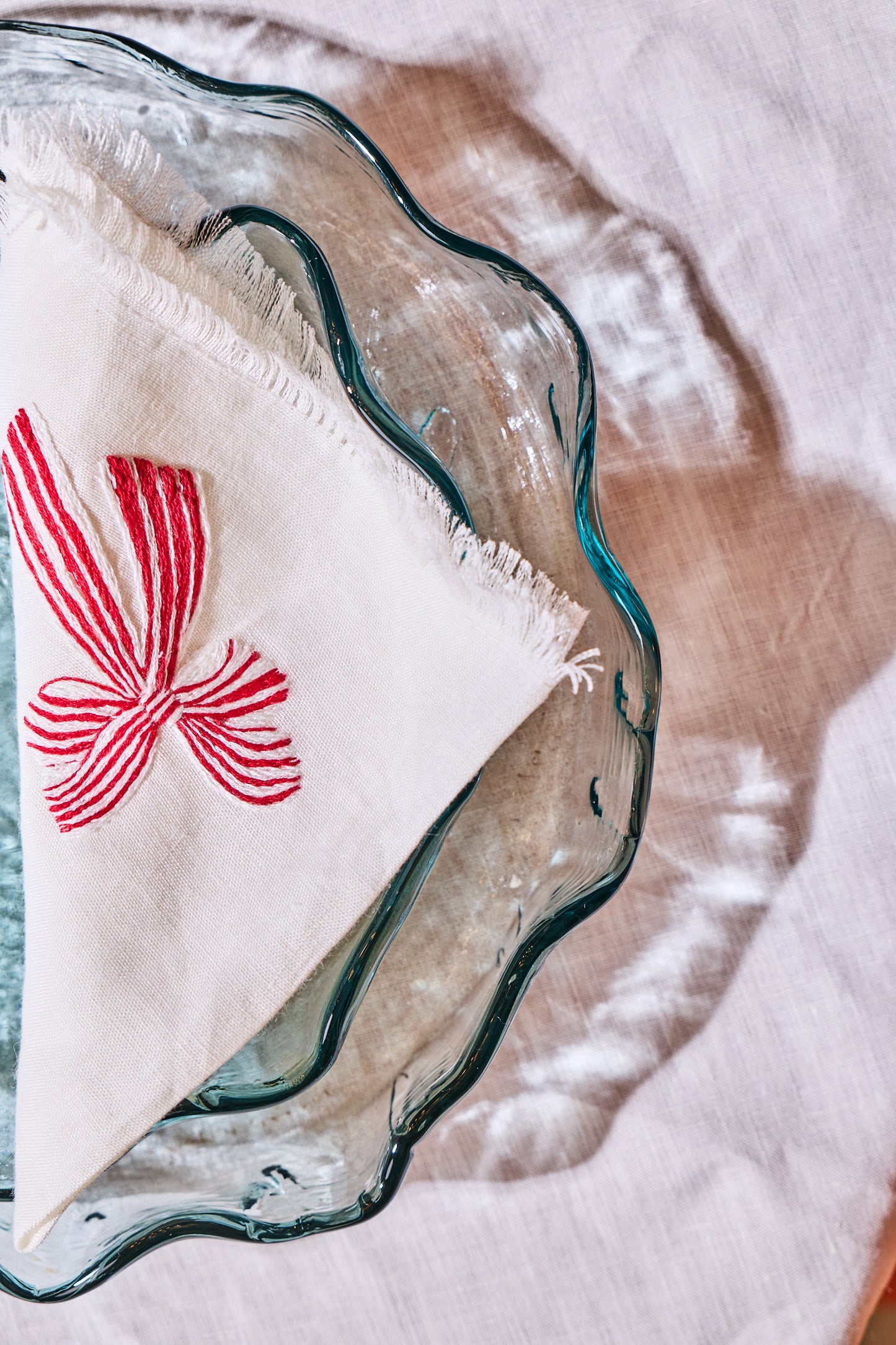Set of two linen table napkins red ribbon