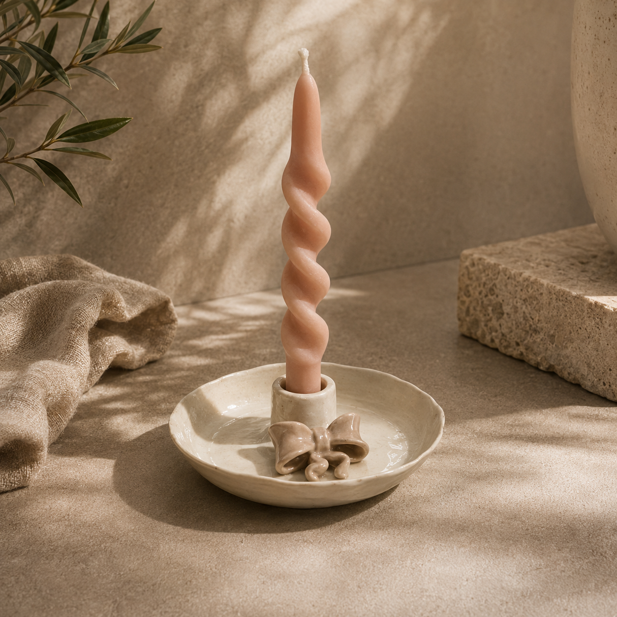 Le Ruban Ceramic Candle Holder on plate